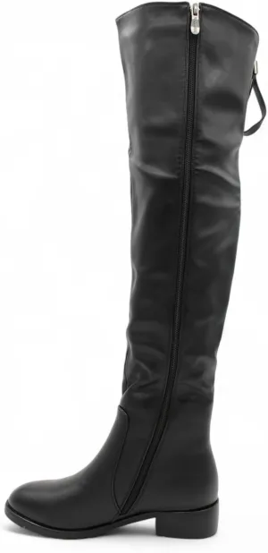 Womens Over the Knee Black Flat Heel Boots Round Toe Side-Zip with Back Pull Loop, Comfortable Winter Boots, Over the Knee Boots for Women, Snow Boots for Women