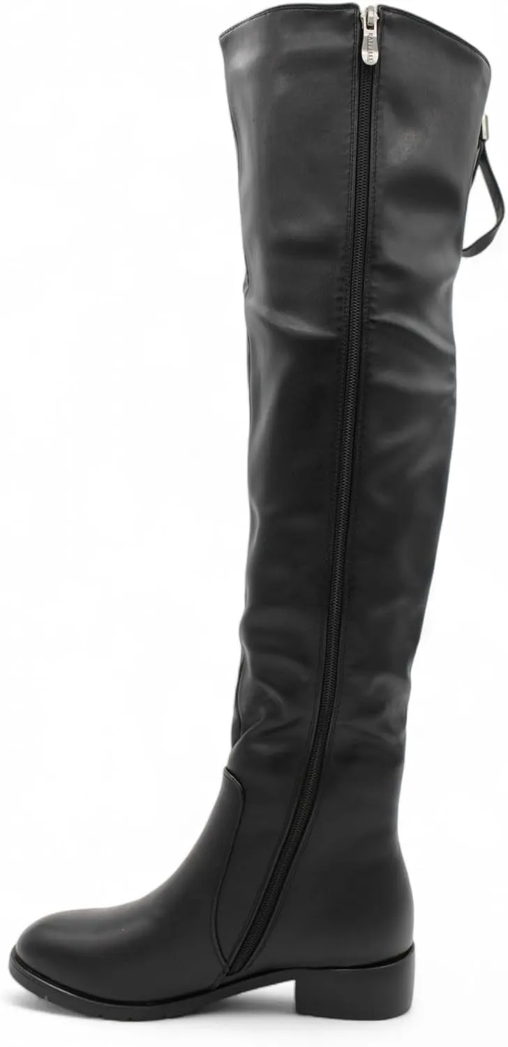 Womens Over the Knee Black Flat Heel Boots Round Toe Side-Zip with Back Pull Loop, Comfortable Winter Boots, Over the Knee Boots for Women, Snow Boots for Women