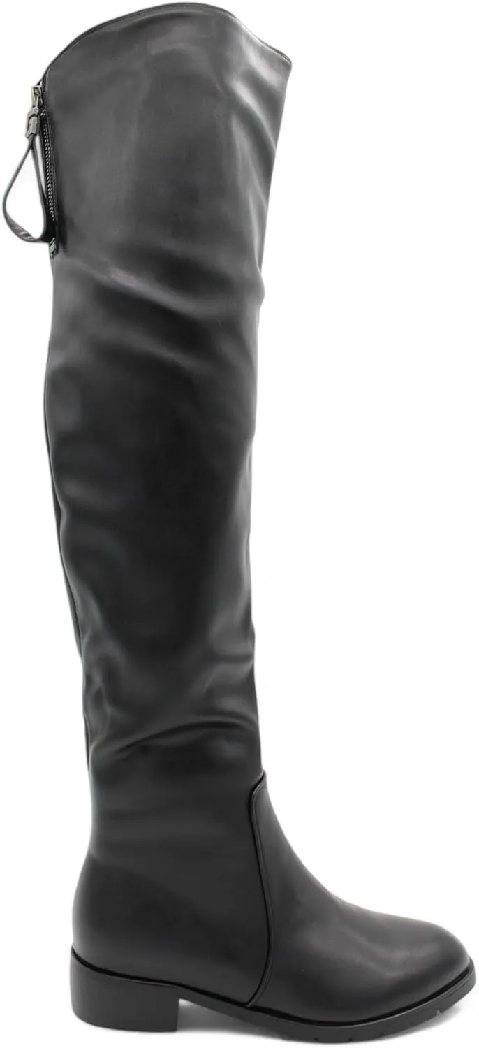 Womens Over the Knee Black Flat Heel Boots Round Toe Side-Zip with Back Pull Loop, Comfortable Winter Boots, Over the Knee Boots for Women, Snow Boots for Women