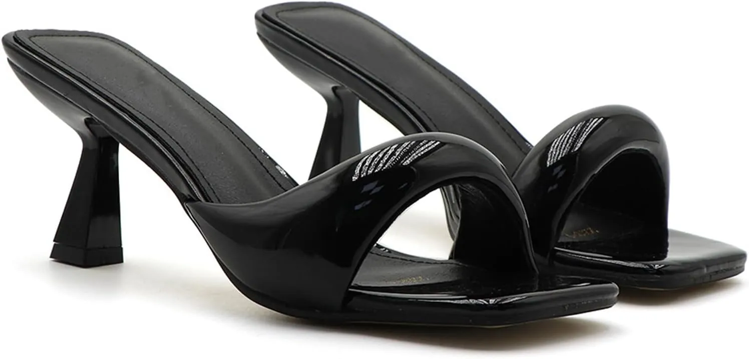 Women's Patent Leather One-Strap Low-Heeled Slip-On Fashion Sandals Sexy Square Open Toe Comfortable Mid-Heel Non-Slip Party Wedding Formal Mules
