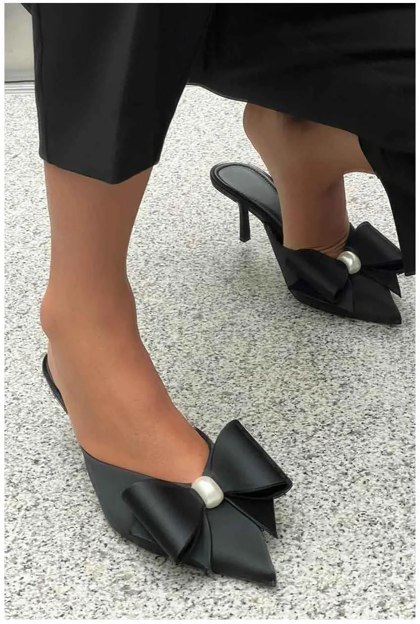 Women's Pearl Decorated Bowknot Pumps Mules Pointed Toe Closed Kitten Heel Satin Slides Wedding Party Work Formal Shoes for Women