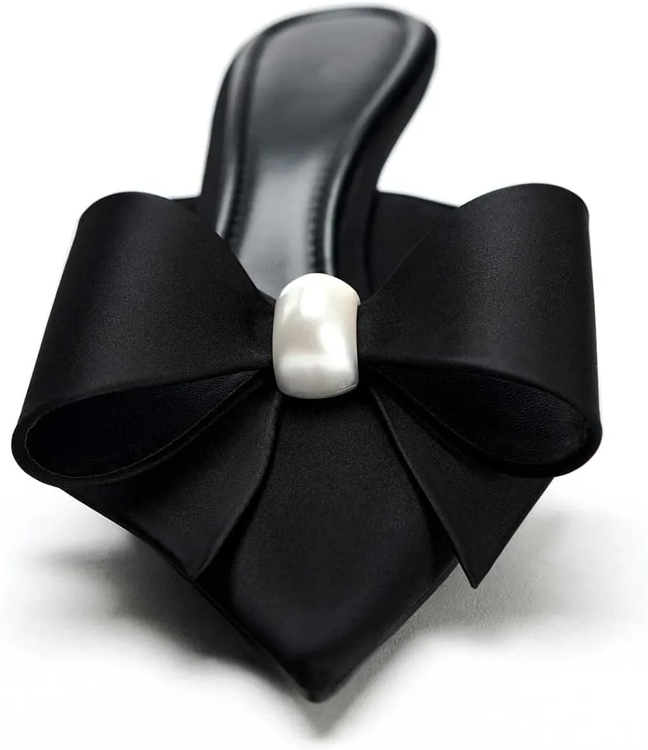 Women's Pearl Decorated Bowknot Pumps Mules Pointed Toe Closed Kitten Heel Satin Slides Wedding Party Work Formal Shoes for Women