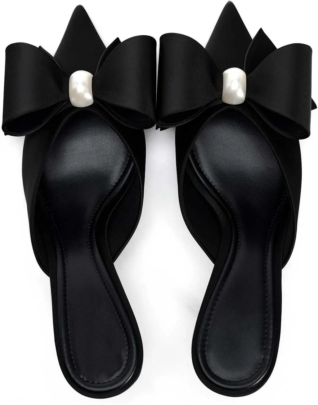 Women's Pearl Decorated Bowknot Pumps Mules Pointed Toe Closed Kitten Heel Satin Slides Wedding Party Work Formal Shoes for Women