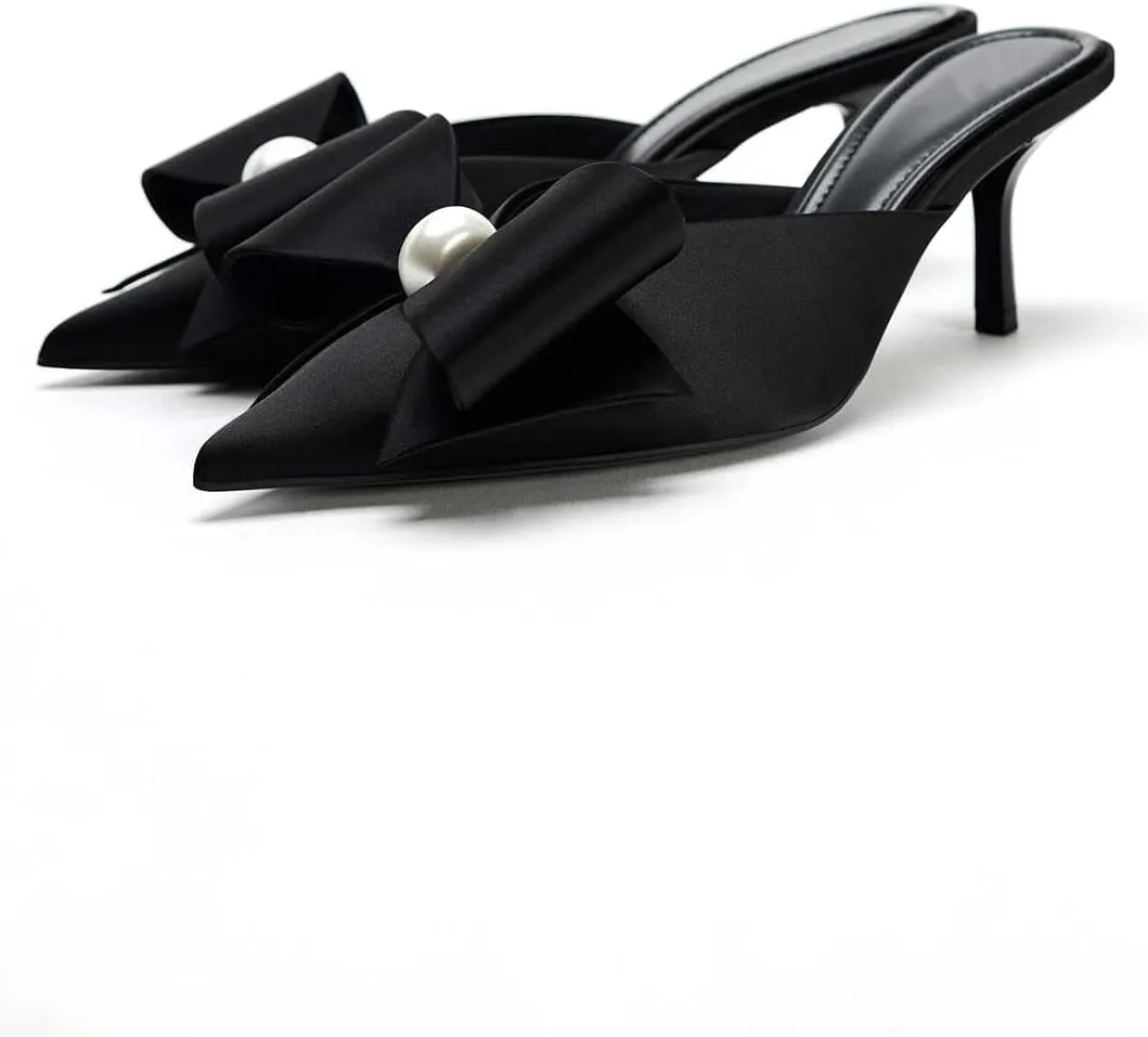Women's Pearl Decorated Bowknot Pumps Mules Pointed Toe Closed Kitten Heel Satin Slides Wedding Party Work Formal Shoes for Women