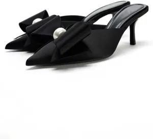 Women's Pearl Decorated Bowknot Pumps Mules Pointed Toe Closed Kitten Heel Satin Slides Wedding Party Work Formal Shoes for Women