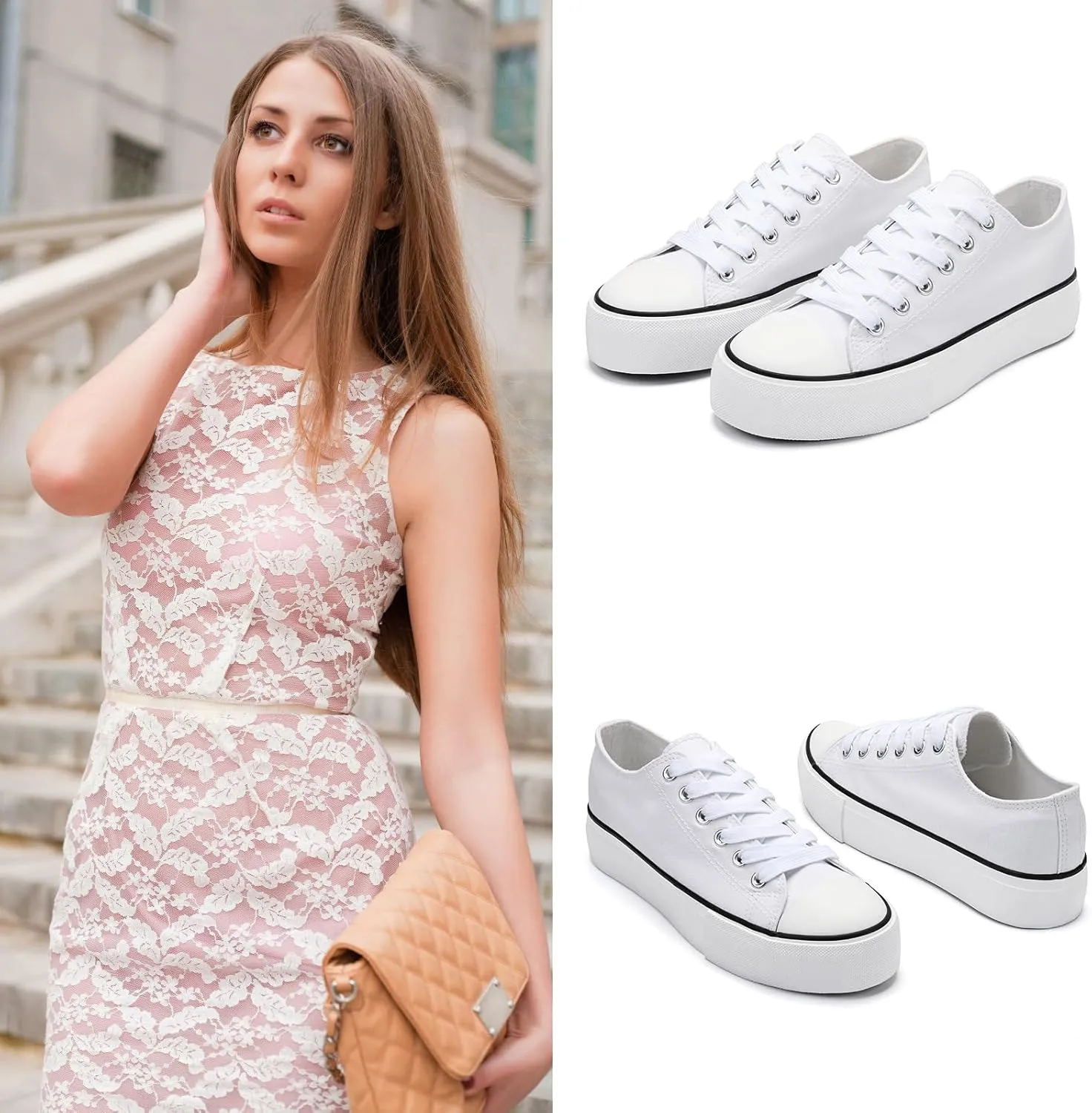Womens Platform Canvas Shoes Low Top and High Top Canvas Sneakers Lace-up Fashion Casual Shoes for Women