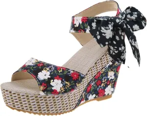 Womens Platform Espadrille Wedges Open Toe High Heel Floral Printed Slingback with Ankle Strap Bowknot Sandals Bow Dress Shoes Tie Lace Up Summer Sandal Wedding Dressy Beach Going Out Trendy Sandal