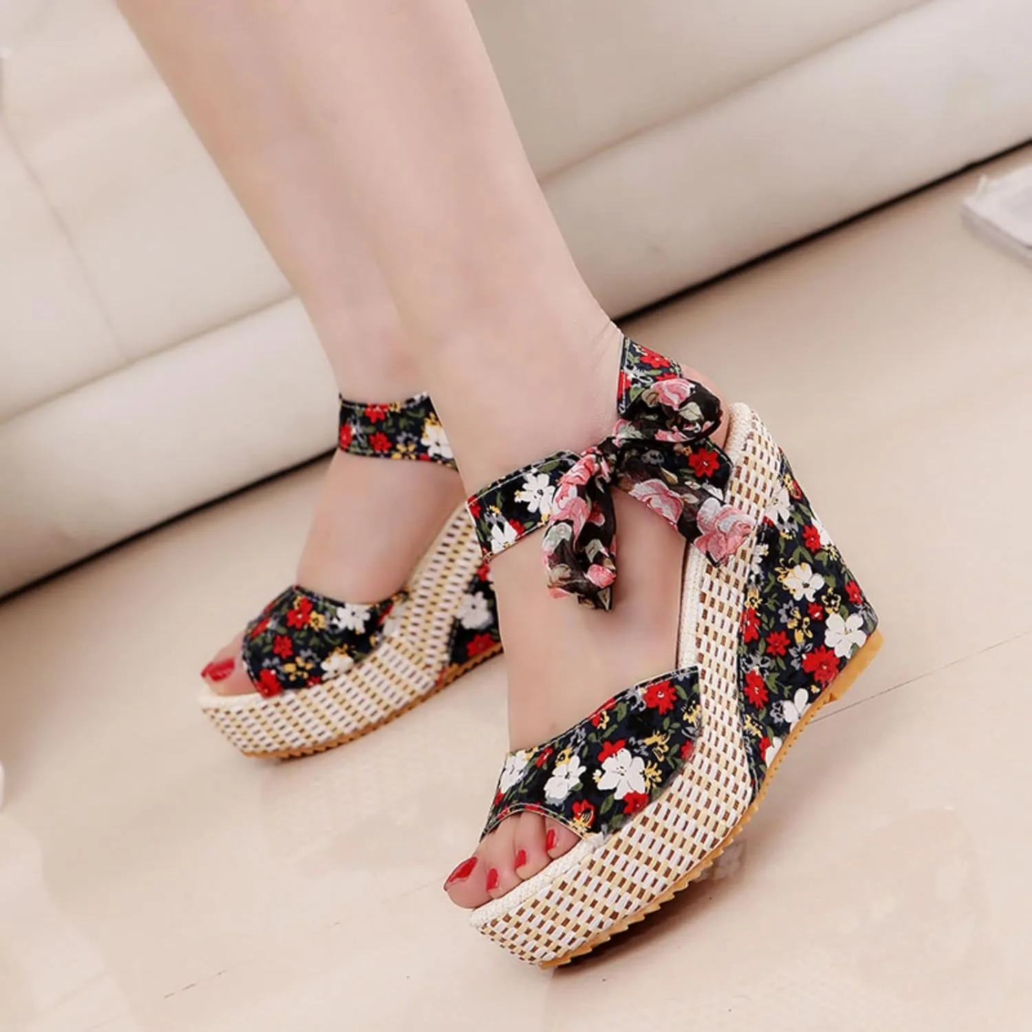 Womens Platform Espadrille Wedges Open Toe High Heel Floral Printed Slingback with Ankle Strap Bowknot Sandals Bow Dress Shoes Tie Lace Up Summer Sandal Wedding Dressy Beach Going Out Trendy Sandal