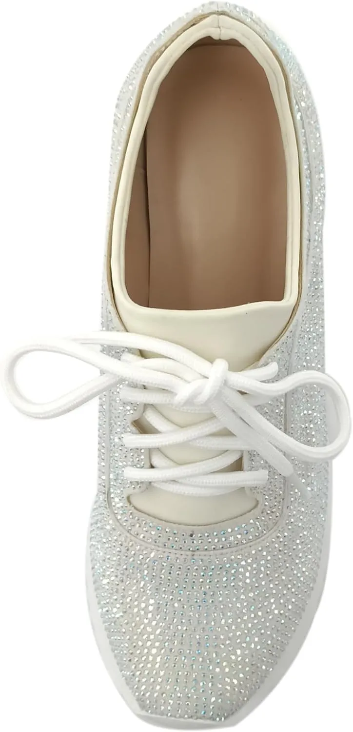 Women's Platform Sneakers Fashion Rhinestone Sneakers Shoes Low Top Walking Shoes Lace Up