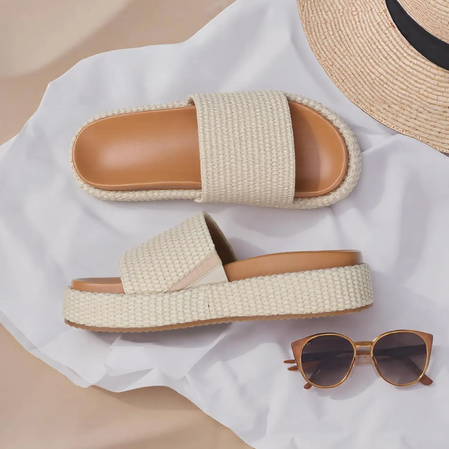 Women's Platform Wedge espadrille slides Summer Beach Cute Raffia Slip On Woven Dress Slides Open Toe Comfortable Resort Wear Trending 2025