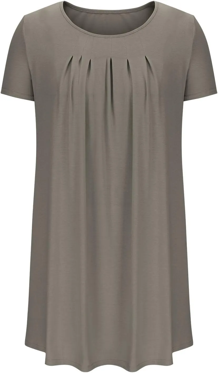 Womens Pleated Front Summer Dresses Casual Short Sleeve T Shirts Dress Cover Ups with Pockets Beach Vacation Outfits