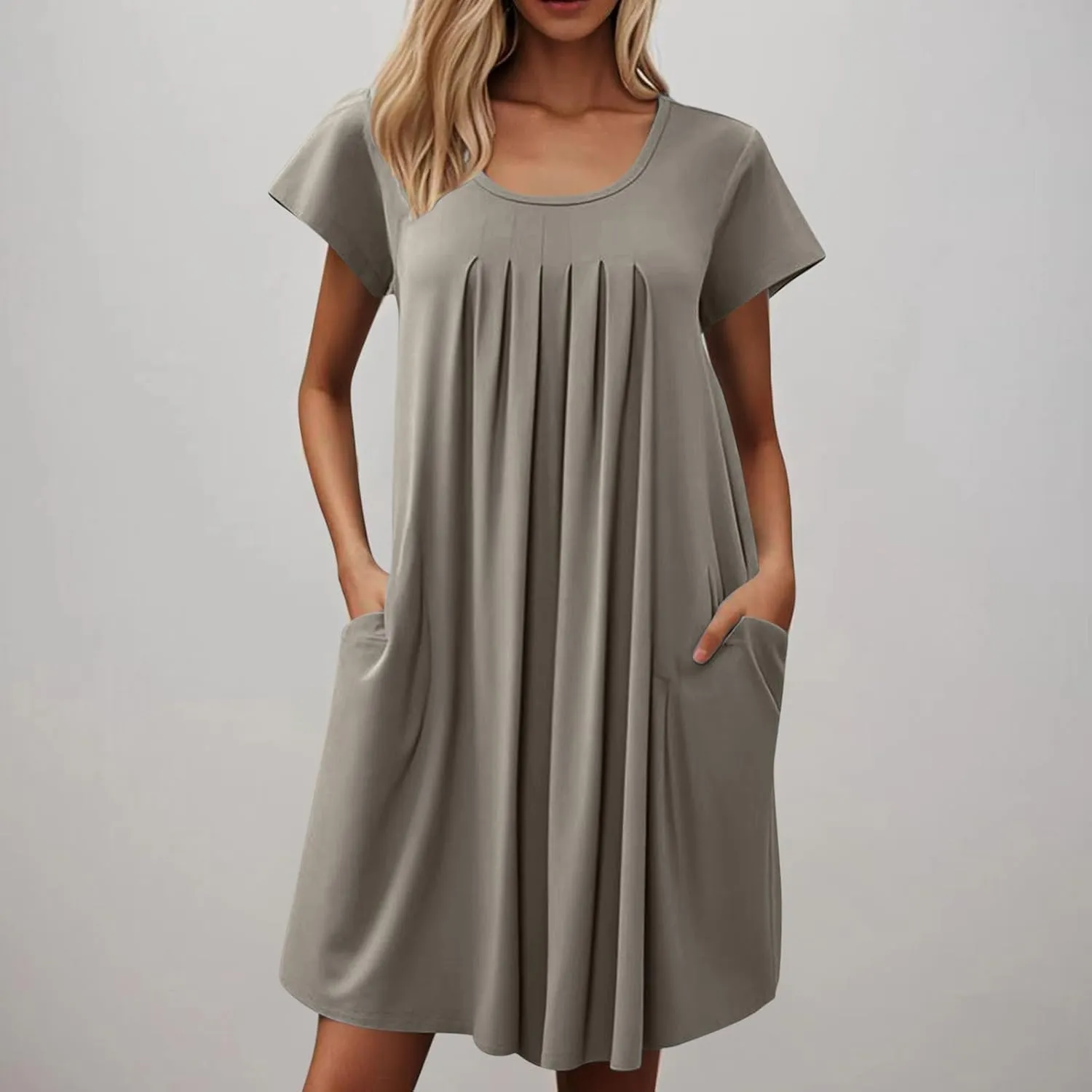 Womens Pleated Front Summer Dresses Casual Short Sleeve T Shirts Dress Cover Ups with Pockets Beach Vacation Outfits