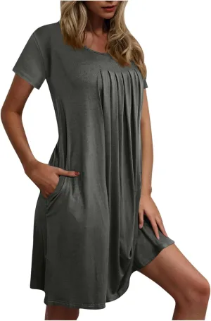 Womens Pleated Front Summer Dresses Casual Short Sleeve T Shirts Dress Cover Ups with Pockets Beach Vacation Outfits