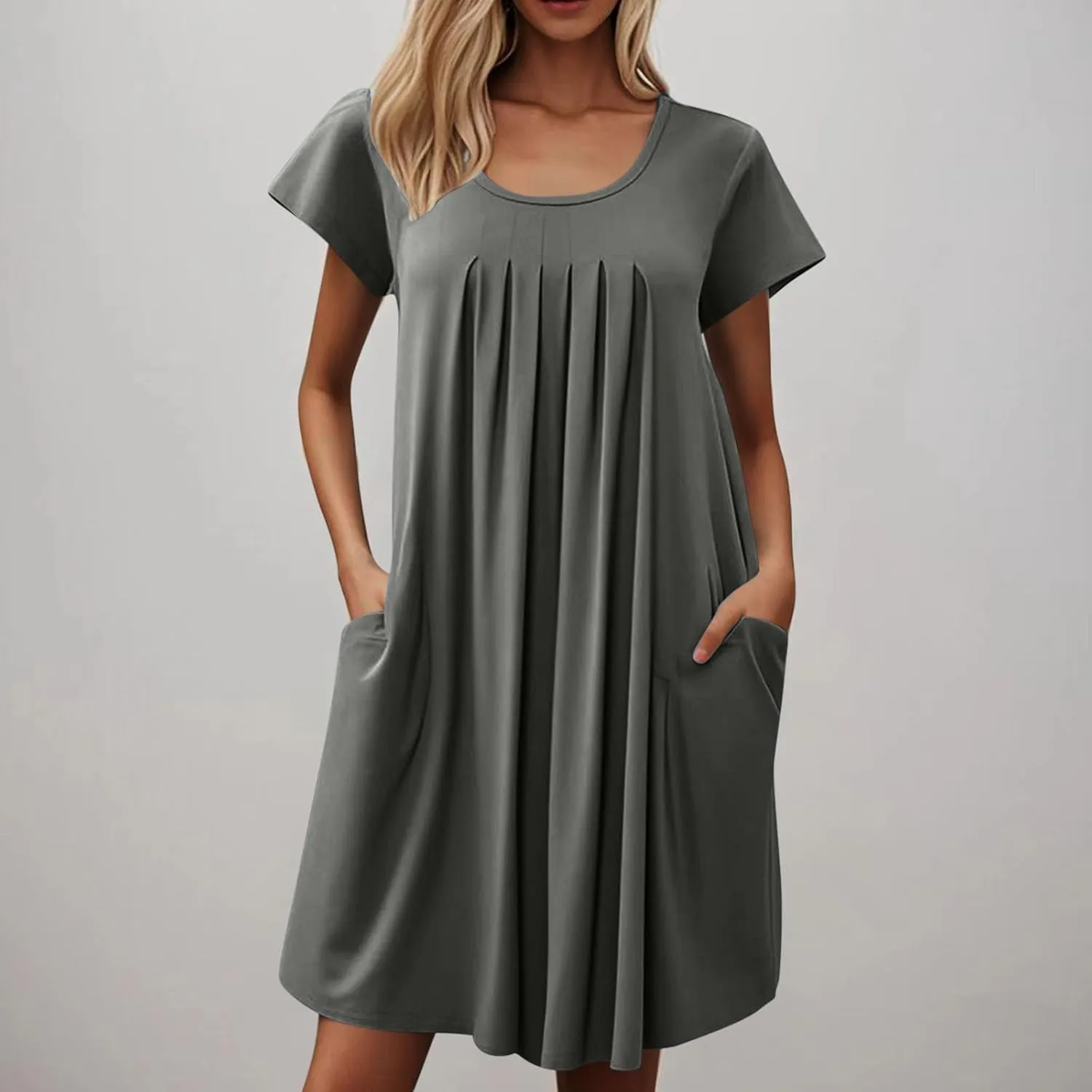 Womens Pleated Front Summer Dresses Casual Short Sleeve T Shirts Dress Cover Ups with Pockets Beach Vacation Outfits