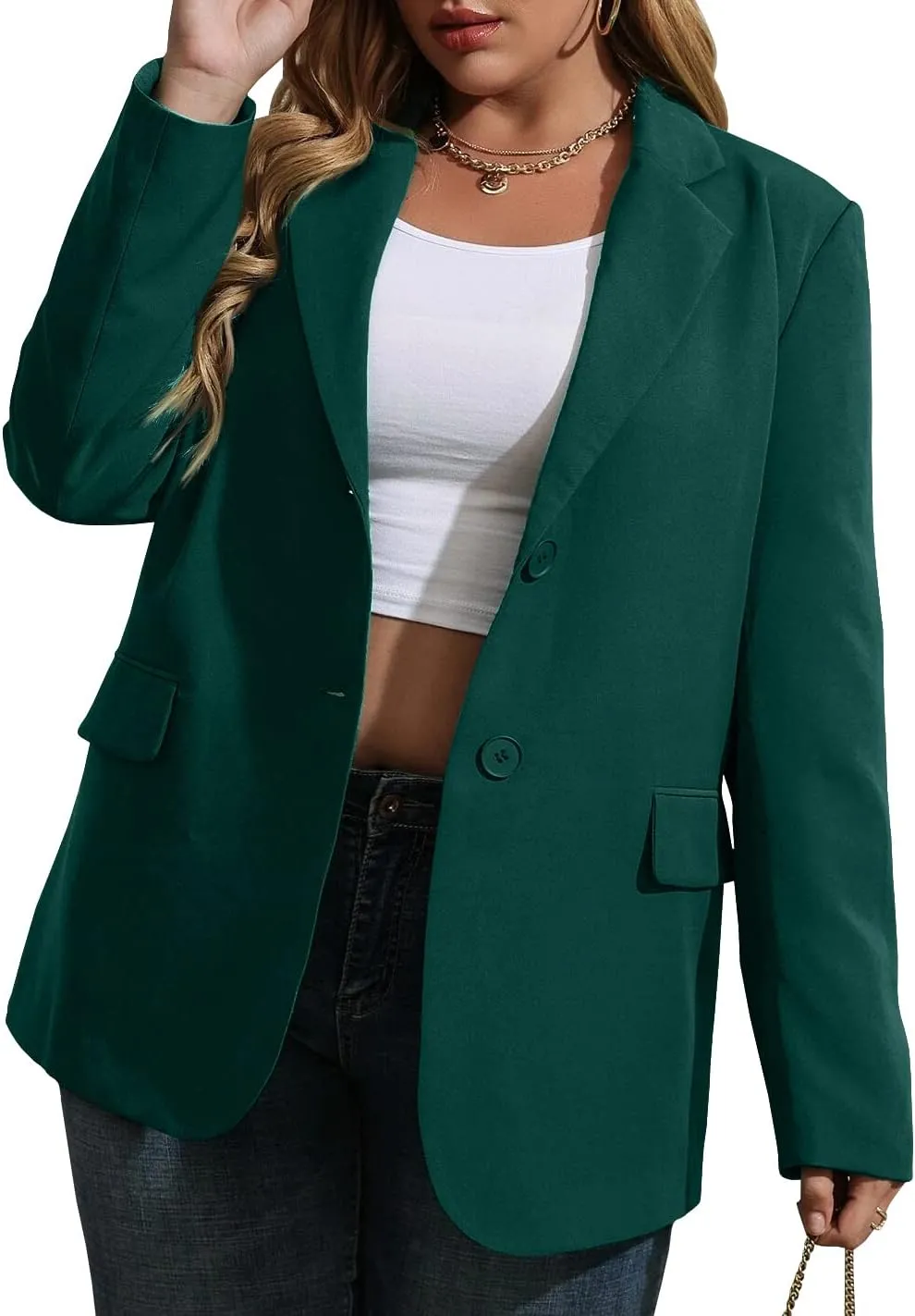 Womens Plus Size Casual Blazer Jackets Long Sleeve Open Front Buttons Work Office Lapel Blazers with Pockets