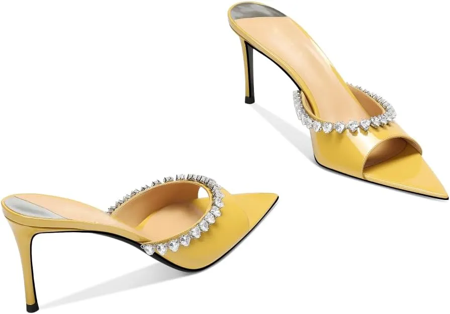 Women's Pointed Open Toe Mule Heels Rhinestone Stilettos Heeled Mules Dressy Slip On High Heels