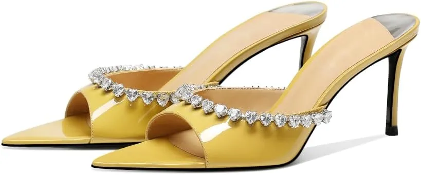 Women's Pointed Open Toe Mule Heels Rhinestone Stilettos Heeled Mules Dressy Slip On High Heels
