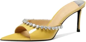 Women's Pointed Open Toe Mule Heels Rhinestone Stilettos Heeled Mules Dressy Slip On High Heels