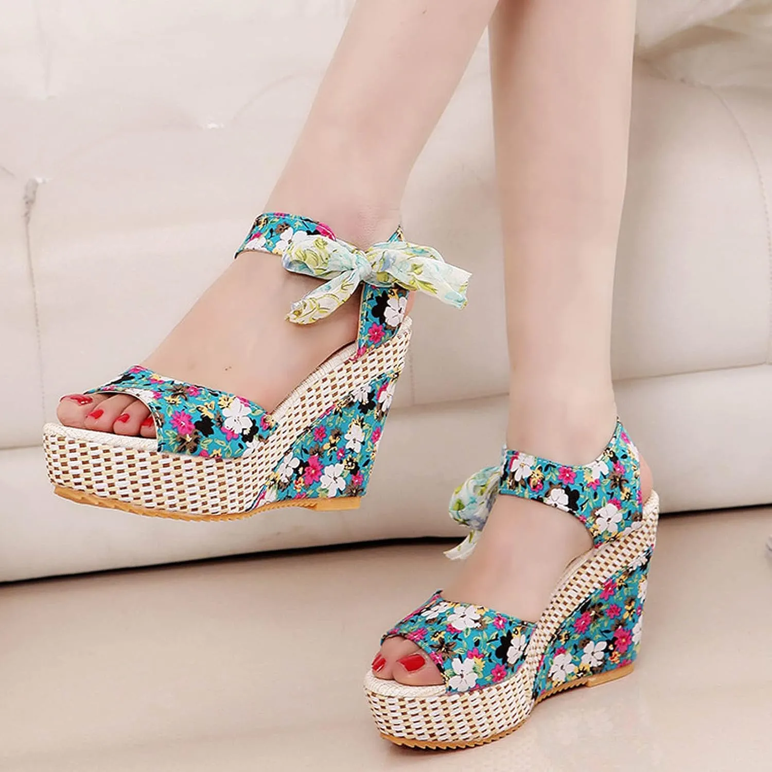Women's Printed Wedge Sandals, Fashion Platform Cross Ankle Strap Bow Open Toe Summer High Heel Casual Sandals