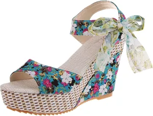 Women's Printed Wedge Sandals, Fashion Platform Cross Ankle Strap Bow Open Toe Summer High Heel Casual Sandals
