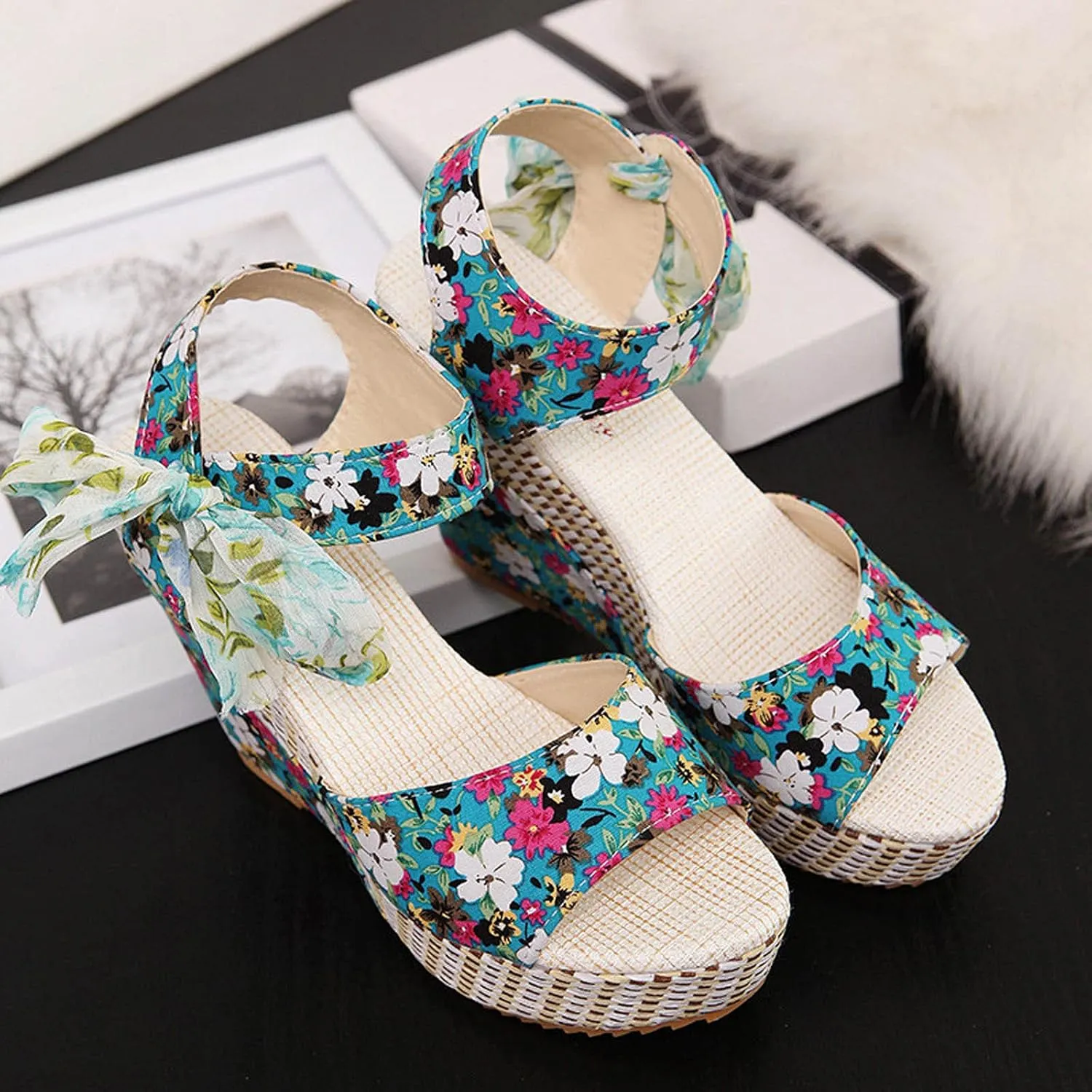 Women's Printed Wedge Sandals, Fashion Platform Cross Ankle Strap Bow Open Toe Summer High Heel Casual Sandals