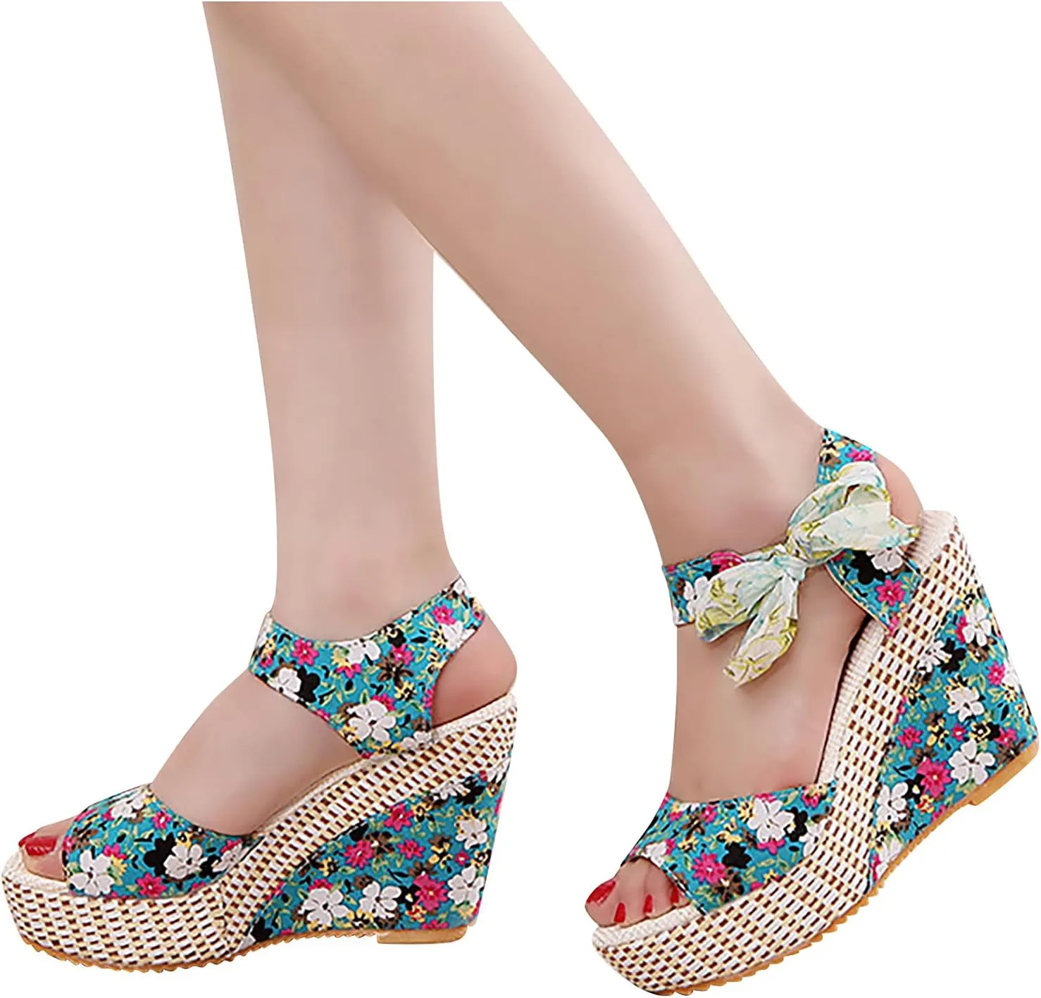 Women's Printed Wedge Sandals, Fashion Platform Cross Ankle Strap Bow Open Toe Summer High Heel Casual Sandals