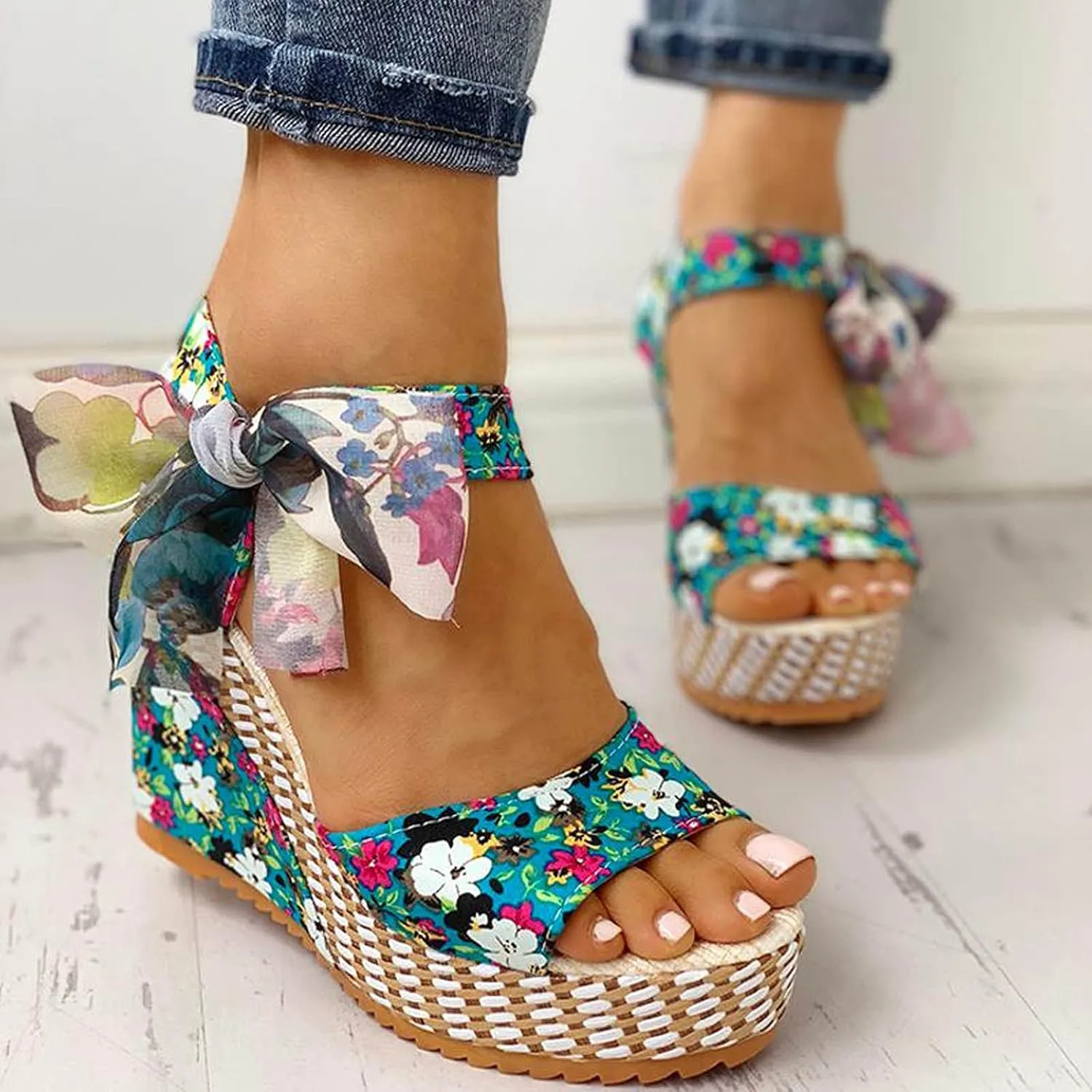 Women's Printed Wedge Sandals, Fashion Platform Cross Ankle Strap Bow Open Toe Summer High Heel Casual Sandals