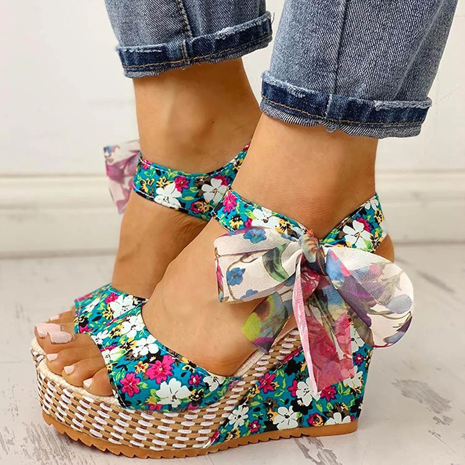 Women's Printed Wedge Sandals, Fashion Platform Cross Ankle Strap Bow Open Toe Summer High Heel Casual Sandals