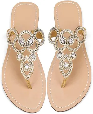 Women's Rhinestone Flat Sandals, Women Flip Flops with Clip Toe RingBeadeed Rhinestone Crystal Jeweled Sandal Shoes for Summer Beach Oceanside Holiday Outdoor