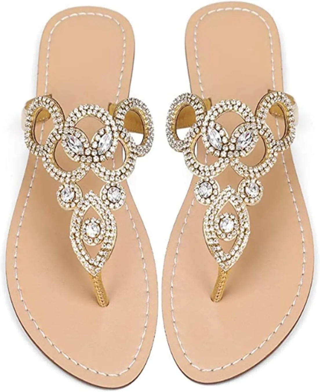 Women's Rhinestone Flat Sandals, Women Flip Flops with Clip Toe RingBeadeed Rhinestone Crystal Jeweled Sandal Shoes for Summer Beach Oceanside Holiday Outdoor