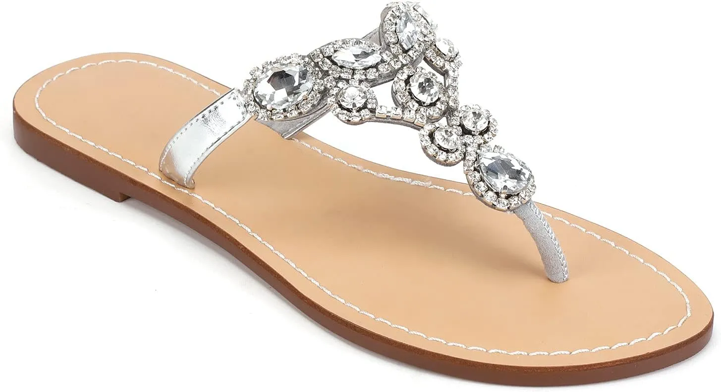 Women's Rhinestone Flat Sandals, Women Flip Flops with Clip Toe RingBeadeed Rhinestone Crystal Jeweled Sandal Shoes for Summer Beach Oceanside Holiday Outdoor