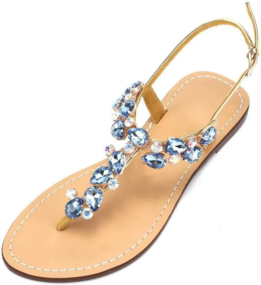 Women's Rhinestone Flat Sandals, Women Flip Flops with Clip Toe RingBeadeed Rhinestone Crystal Jeweled Sandal Shoes for Summer Beach Oceanside Holiday Outdoor