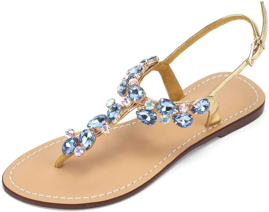 Women's Rhinestone Flat Sandals, Women Flip Flops with Clip Toe RingBeadeed Rhinestone Crystal Jeweled Sandal Shoes for Summer Beach Oceanside Holiday Outdoor