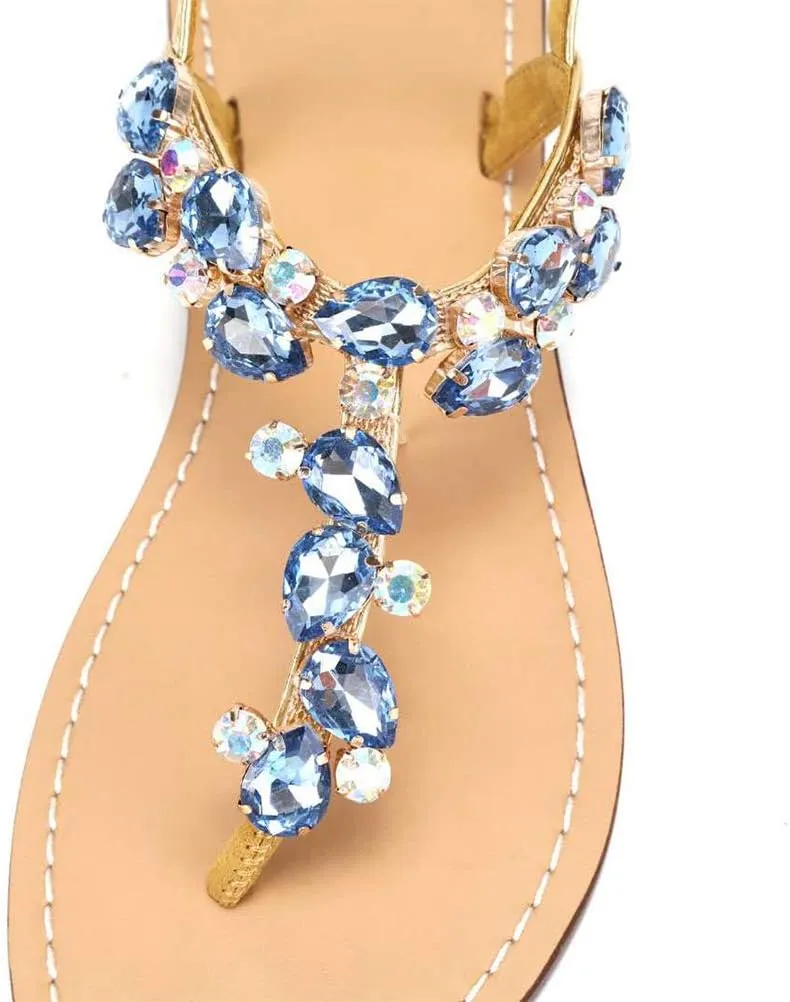 Women's Rhinestone Flat Sandals, Women Flip Flops with Clip Toe RingBeadeed Rhinestone Crystal Jeweled Sandal Shoes for Summer Beach Oceanside Holiday Outdoor