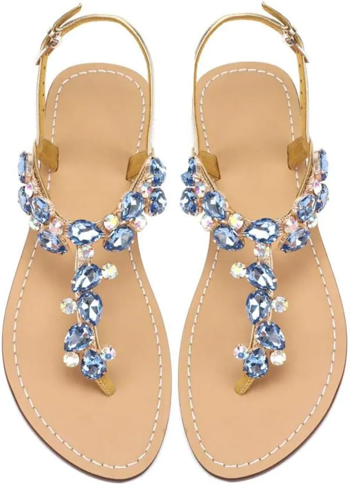 Women's Rhinestone Flat Sandals, Women Flip Flops with Clip Toe RingBeadeed Rhinestone Crystal Jeweled Sandal Shoes for Summer Beach Oceanside Holiday Outdoor