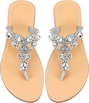 Women's Rhinestone Flat Sandals, Women Flip Flops with Clip Toe RingBeadeed Rhinestone Crystal Jeweled Sandal Shoes for Summer Beach Oceanside Holiday Outdoor