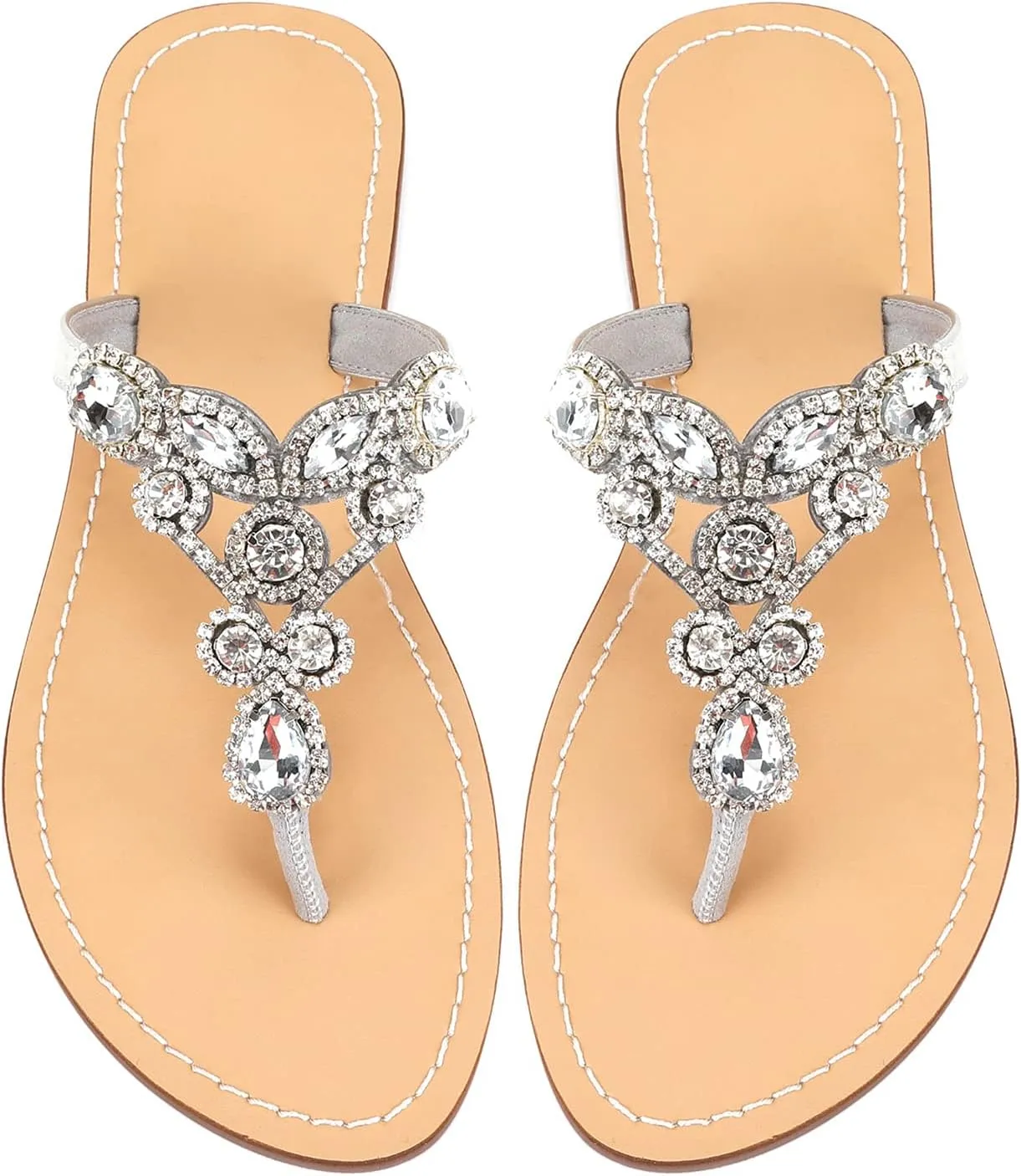 Women's Rhinestone Flat Sandals, Women Flip Flops with Clip Toe RingBeadeed Rhinestone Crystal Jeweled Sandal Shoes for Summer Beach Oceanside Holiday Outdoor