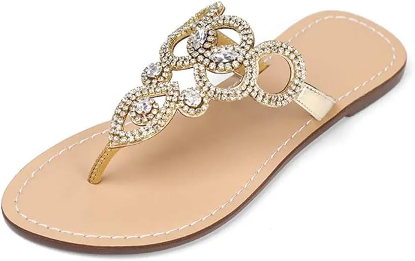 Women's Rhinestone Flat Sandals, Women Flip Flops with Clip Toe RingBeadeed Rhinestone Crystal Jeweled Sandal Shoes for Summer Beach Oceanside Holiday Outdoor
