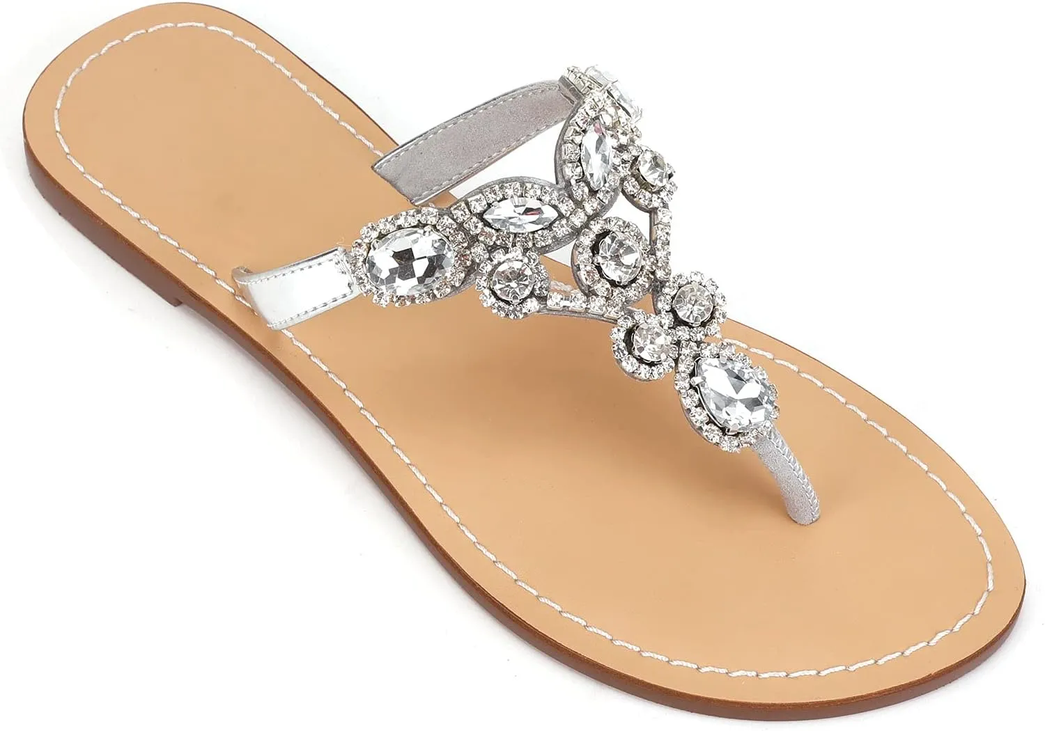 Women's Rhinestone Flat Sandals, Women Flip Flops with Clip Toe RingBeadeed Rhinestone Crystal Jeweled Sandal Shoes for Summer Beach Oceanside Holiday Outdoor