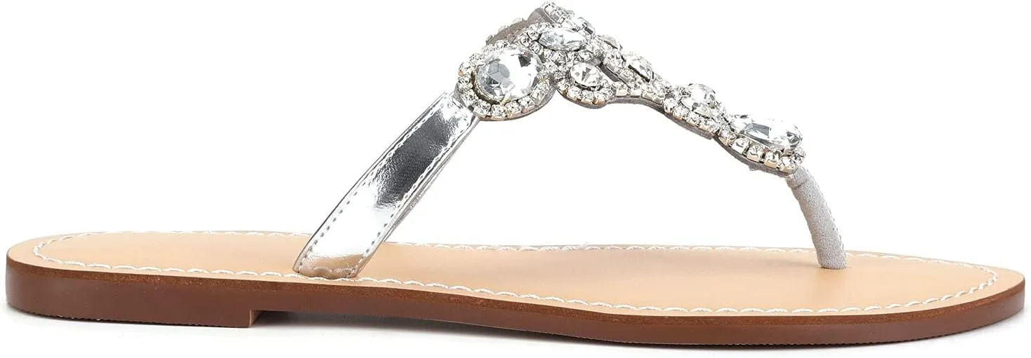 Women's Rhinestone Flat Sandals, Women Flip Flops with Clip Toe RingBeadeed Rhinestone Crystal Jeweled Sandal Shoes for Summer Beach Oceanside Holiday Outdoor