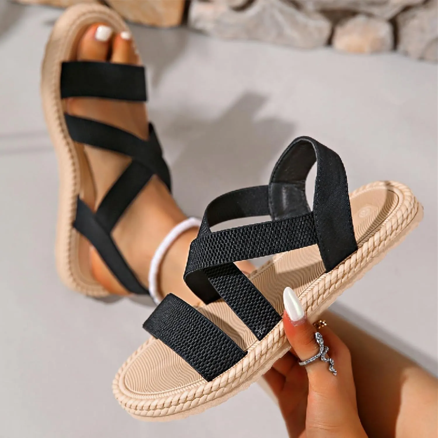 Womens Sandals Comfort Flat Sandal Slip-on Elastic Ankle Strap Summer Shoes Lightweight Beach Sports Casual Walking Shoe