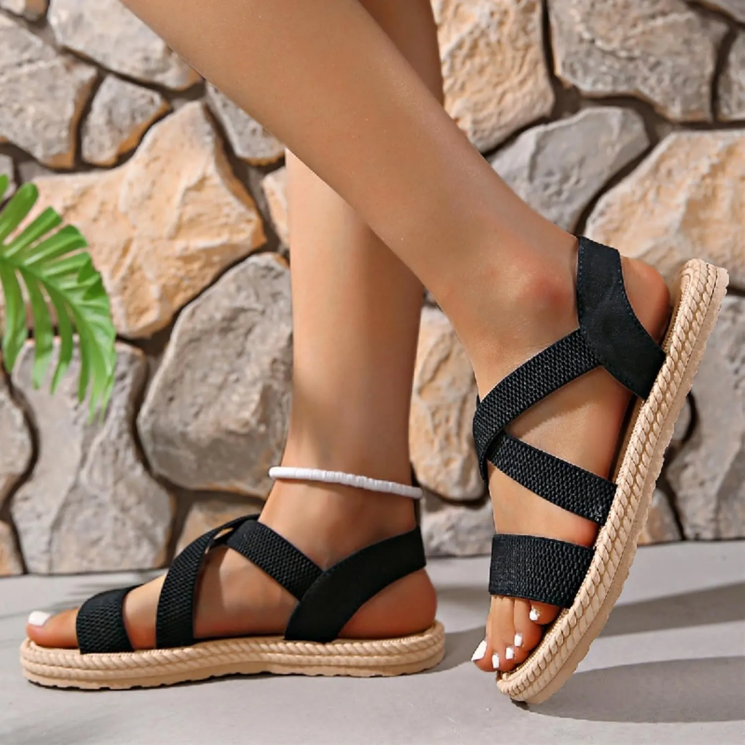 Womens Sandals Comfort Flat Sandal Slip-on Elastic Ankle Strap Summer Shoes Lightweight Beach Sports Casual Walking Shoe