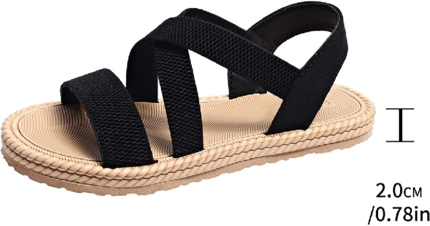 Womens Sandals Comfort Flat Sandal Slip-on Elastic Ankle Strap Summer Shoes Lightweight Beach Sports Casual Walking Shoe