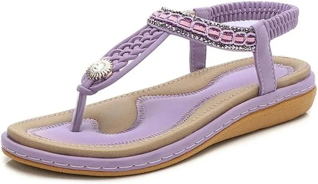 Women's Sandals Straw Rope Beaded Thick Sole Flat Sandals Plus Size Pointed Diamond Hot Beach Shoes