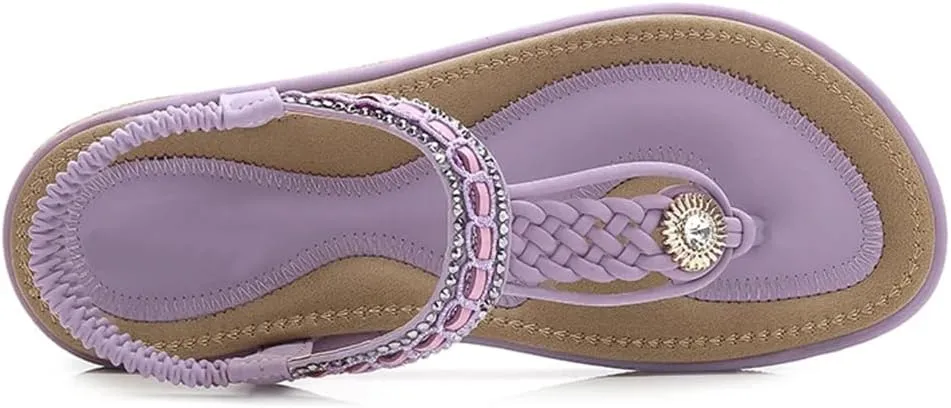 Women's Sandals Straw Rope Beaded Thick Sole Flat Sandals Plus Size Pointed Diamond Hot Beach Shoes