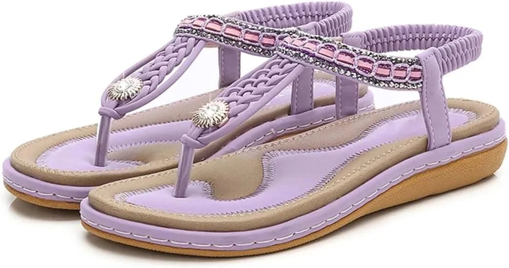Women's Sandals Straw Rope Beaded Thick Sole Flat Sandals Plus Size Pointed Diamond Hot Beach Shoes