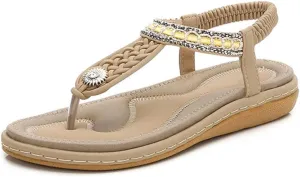 Women's Sandals Straw Rope Beaded Thick Sole Flat Sandals Plus Size Pointed Diamond Hot Beach Shoes