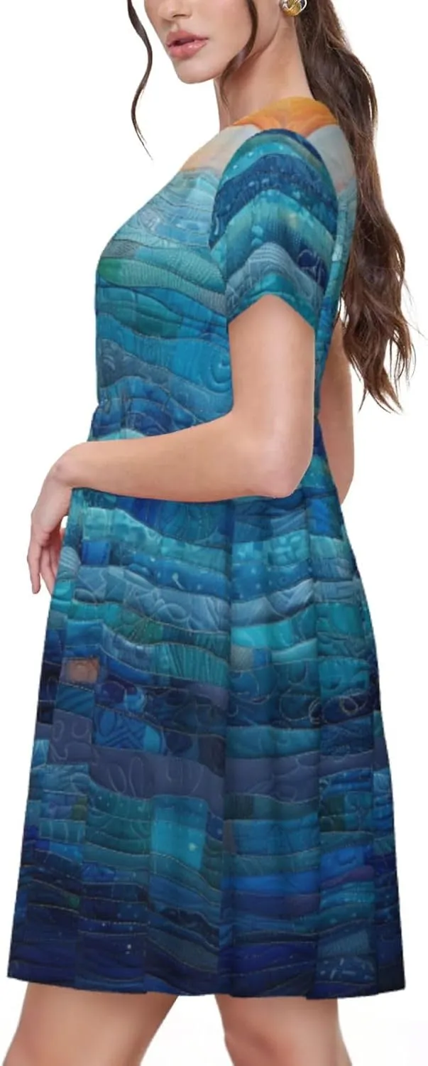 Women's Short Sleeve Round Neck marbling Print A-Line Summer Casual Dress with Pockets,