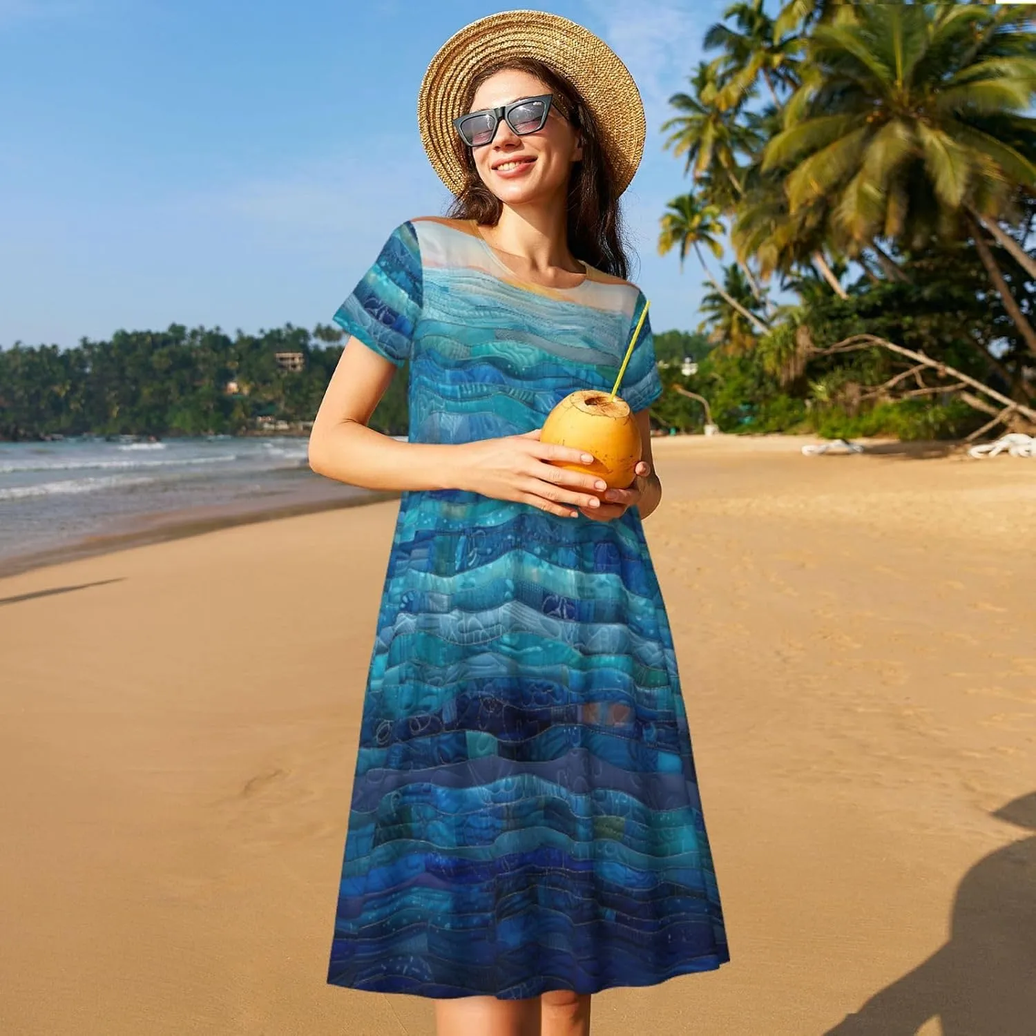 Women's Short Sleeve Round Neck marbling Print A-Line Summer Casual Dress with Pockets,