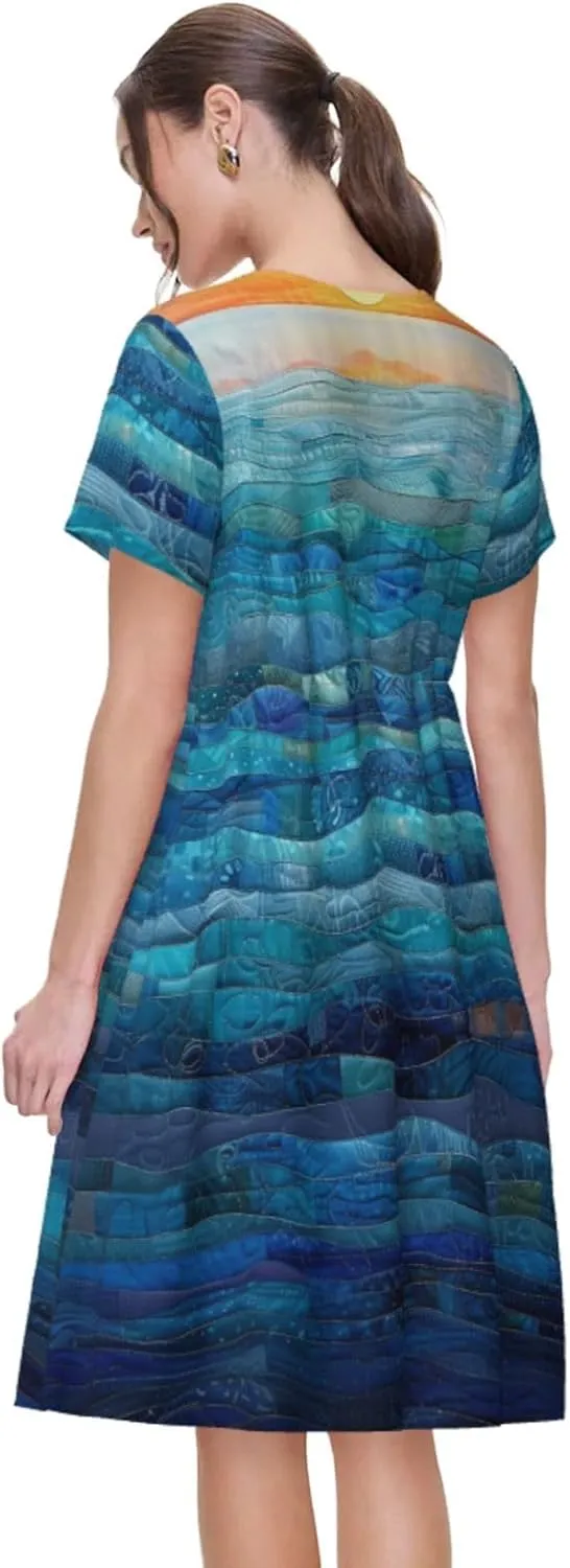 Women's Short Sleeve Round Neck marbling Print A-Line Summer Casual Dress with Pockets,